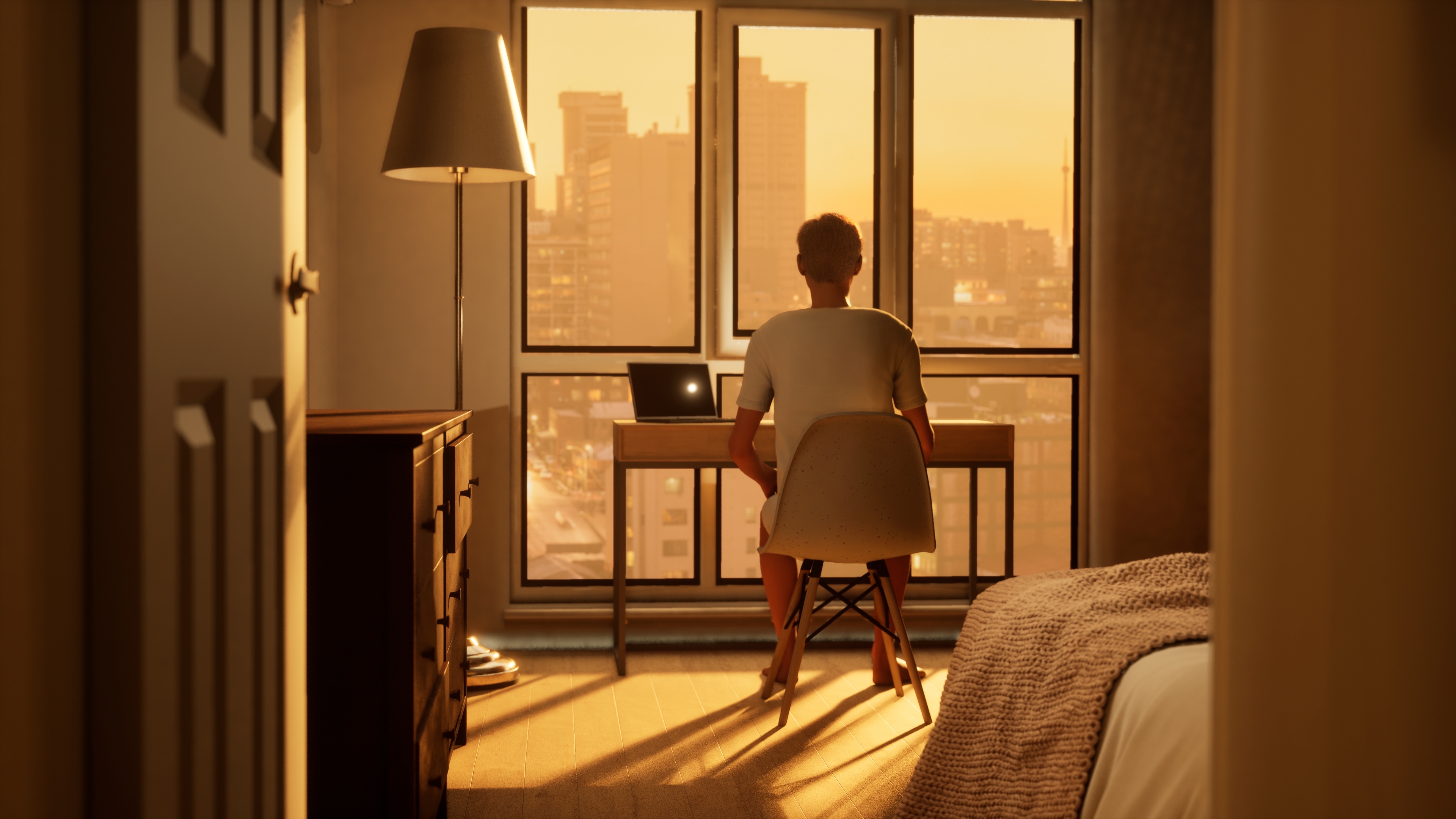 What Remains Quiet - Character at desk overlooking city